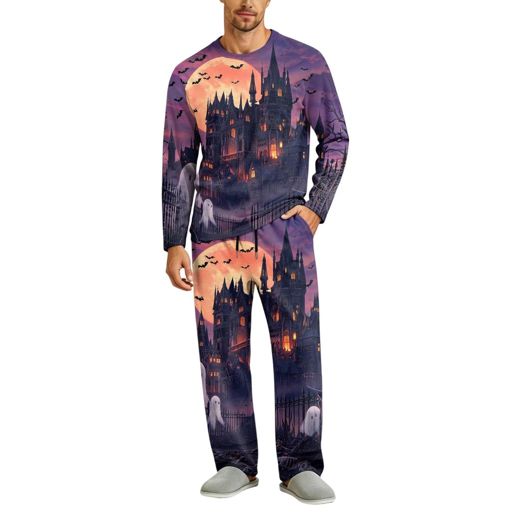 Men's Halloween Pajama Set Long Sleeve Long Pants with Crotch Buttons and Elastic Drawstring Waist