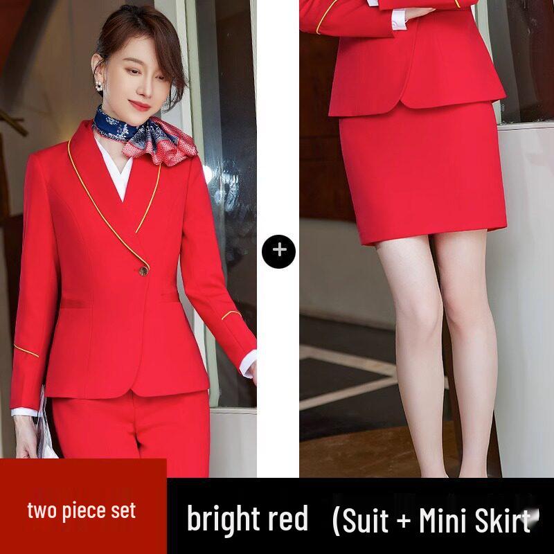 China Southern Airlines Flight Attendant Professional Suit: High-End Rose Red Vest and Dress Reception Uniform