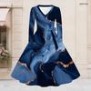 Women Plus Size V Neck Long Sleeve Printed Cyan A Line Dress With Tie Waist
