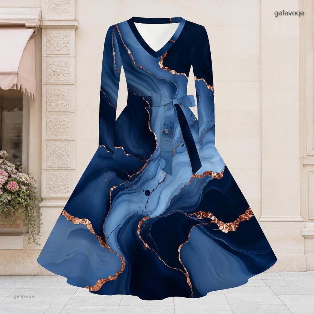 Women Plus Size V Neck Long Sleeve Printed Cyan A Line Dress With Tie Waist
