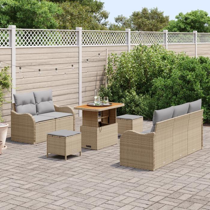 Ensemble de Sofa de Jardin 8 Pièces avec Coussins Beige Poly Rotin Acacia, Sofa de Jardin 2 Places avec Coussins Beige Poly 3362212