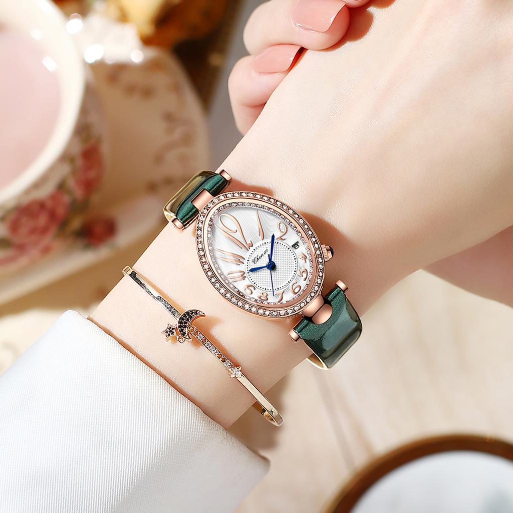 Luxury Watch For Women Diamond Waterproof Quartz Ladies Watches Fashion Elegant Oval Calendar Wristwatche Leather Strap