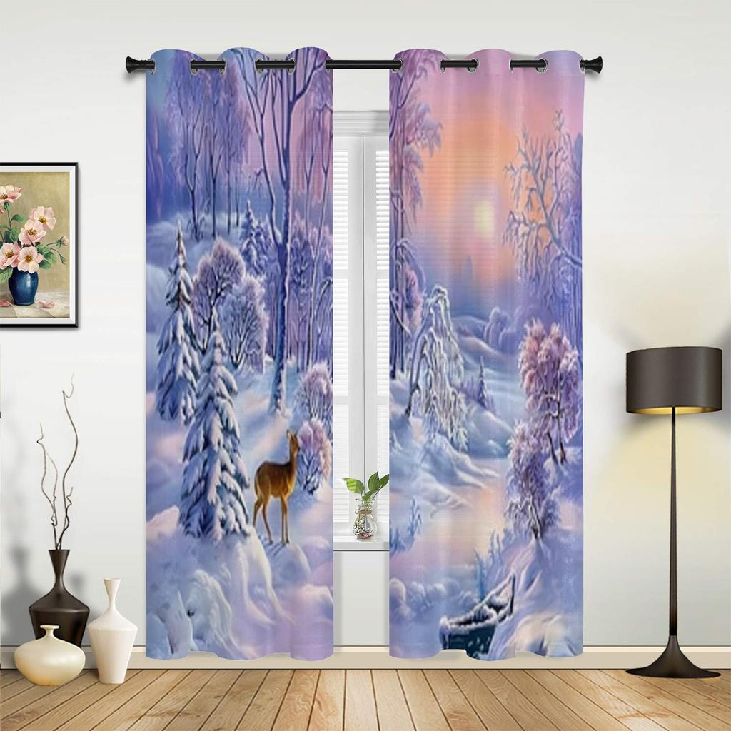 Beautiful Deer And Winter Snow Window Curtains For Living Room Bedroom Luxury Modern Kitchen Curtains Fabric Drapes