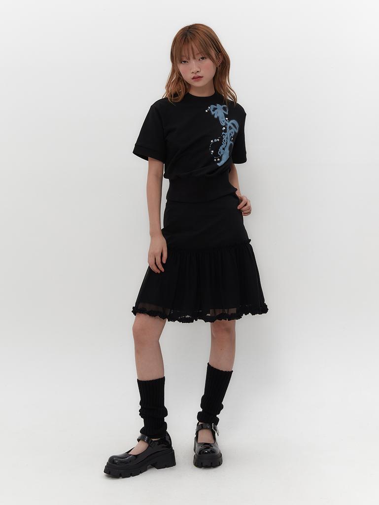 TUOMIO Mesh Frill Layered Skirt [Black]
