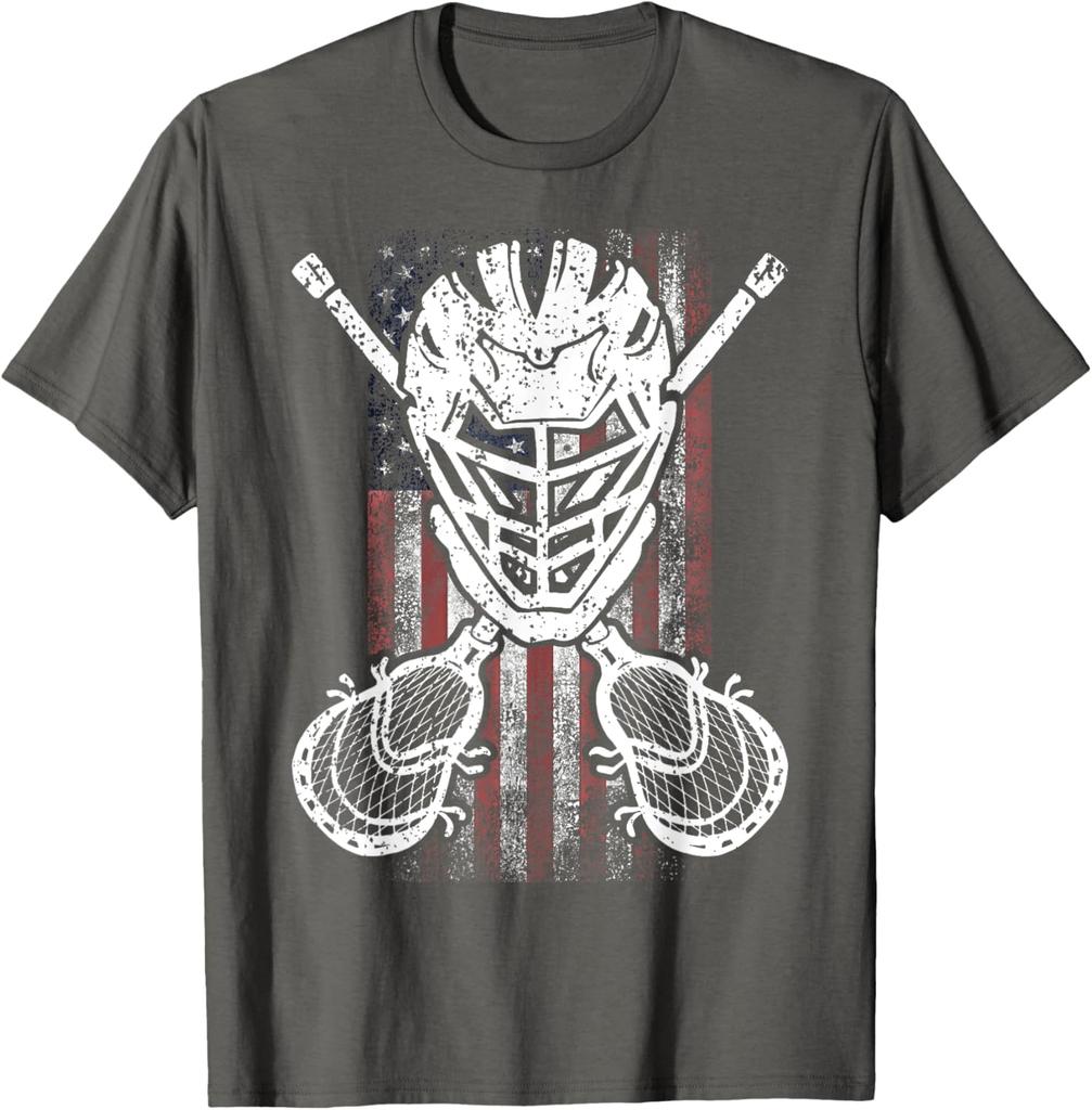 Lacrosse Goalie American Flag Graphic Tee Distressed Design Casual Cotton TShirt