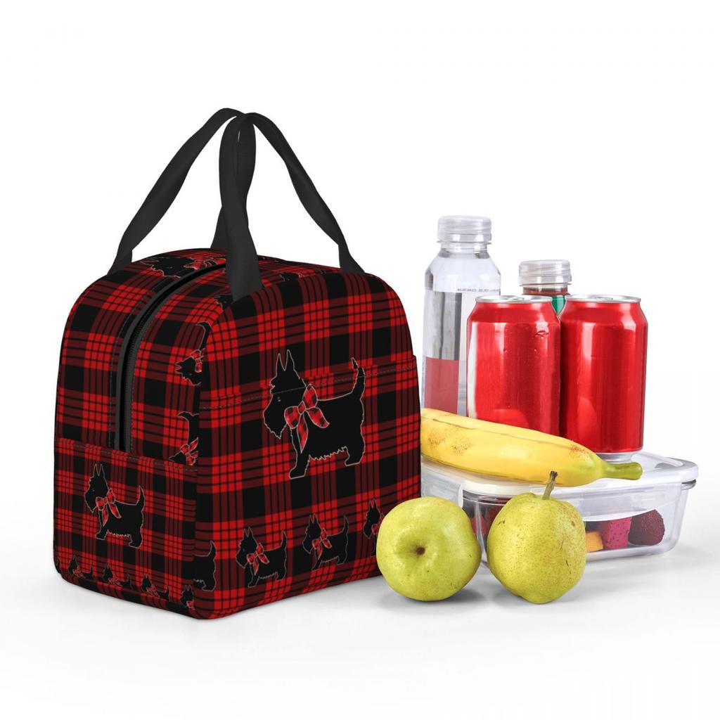 Black Scottie Dog Plaid Tartan Scottish Terrier Lover Insulated Lunch Bag for Women Kids Portable Food Boxes Thermal Lunch Box