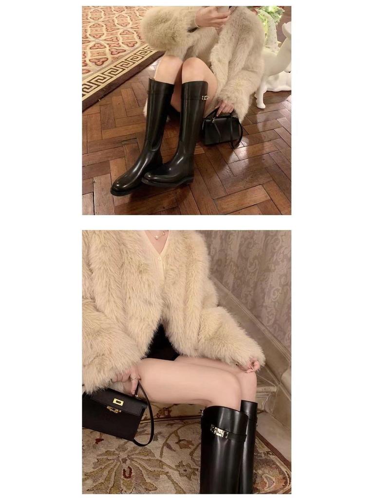 Damskor, knähöga, med fleecefoder, tjock klack, metallspänne och tjock sula, rund tå, från Höst/Vinterkollektionen 2025.