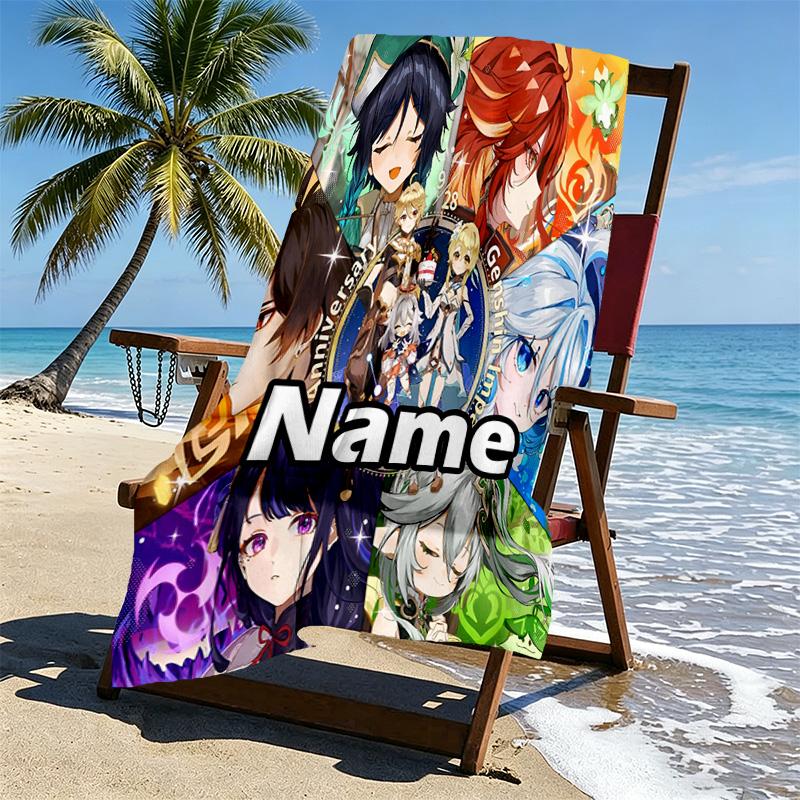Custom Name Personalized Genshin Impact Print Beach Towel, for Trip Camping Beach Party Home Decor, Birthday Gift for Family & Friends