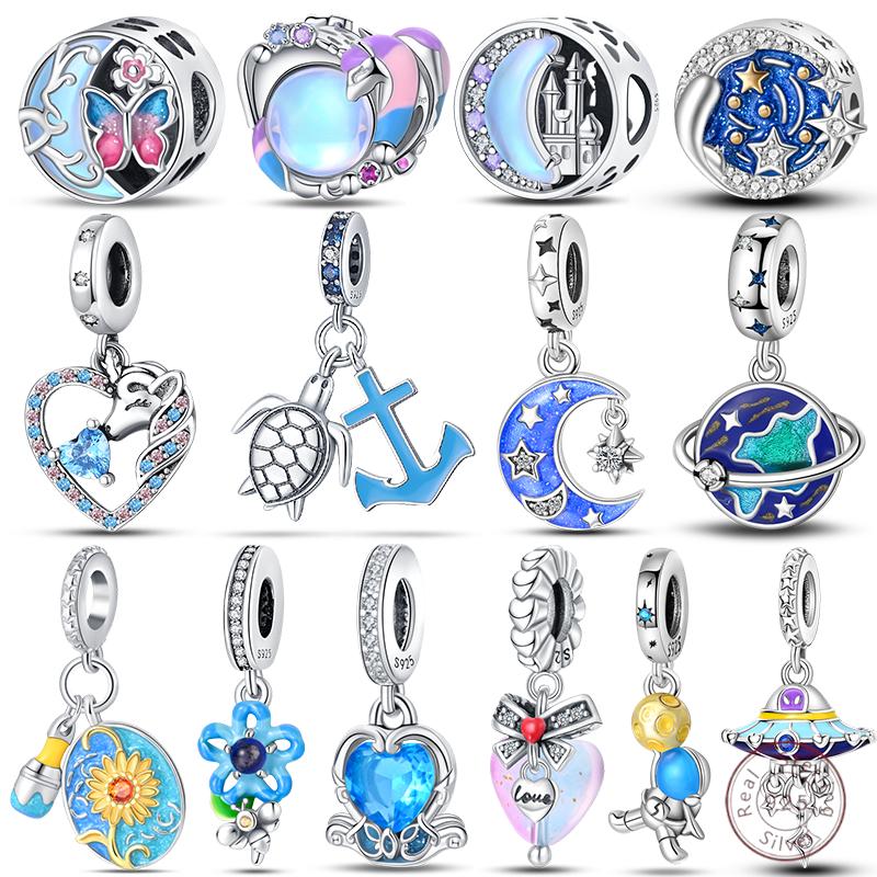 Copper Beaded Pendant Blue Shiny Zircon Suitable Original 3Mm Bracelet Women Fine Jewelry