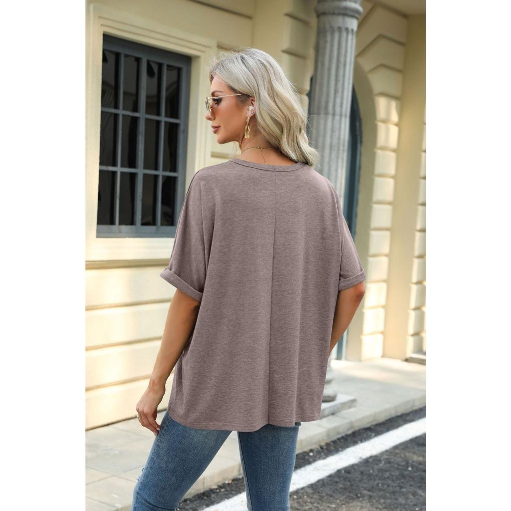 HNXC Spring Summer Solid-color Round-neck Loose Short-sleeved T-shirt Top for Women