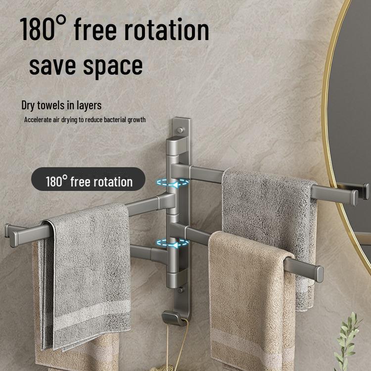 Rotating Punch-Free Wall-Mounted Multi-Rod Towel Rack for Bathroom Corner.