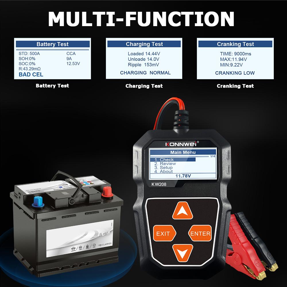 KONNWEI KW208 Battery Tester 12V Automotive Battery Charger Inspection Tools 100 to 2000CCA Cranking Charging Circut Analyzer