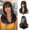 LOUIS FERRE Brown Base Blonde Highlights Medium Straight Layered Wig With Bangs Synthetic Hair Heat Resistant Women Daily Party