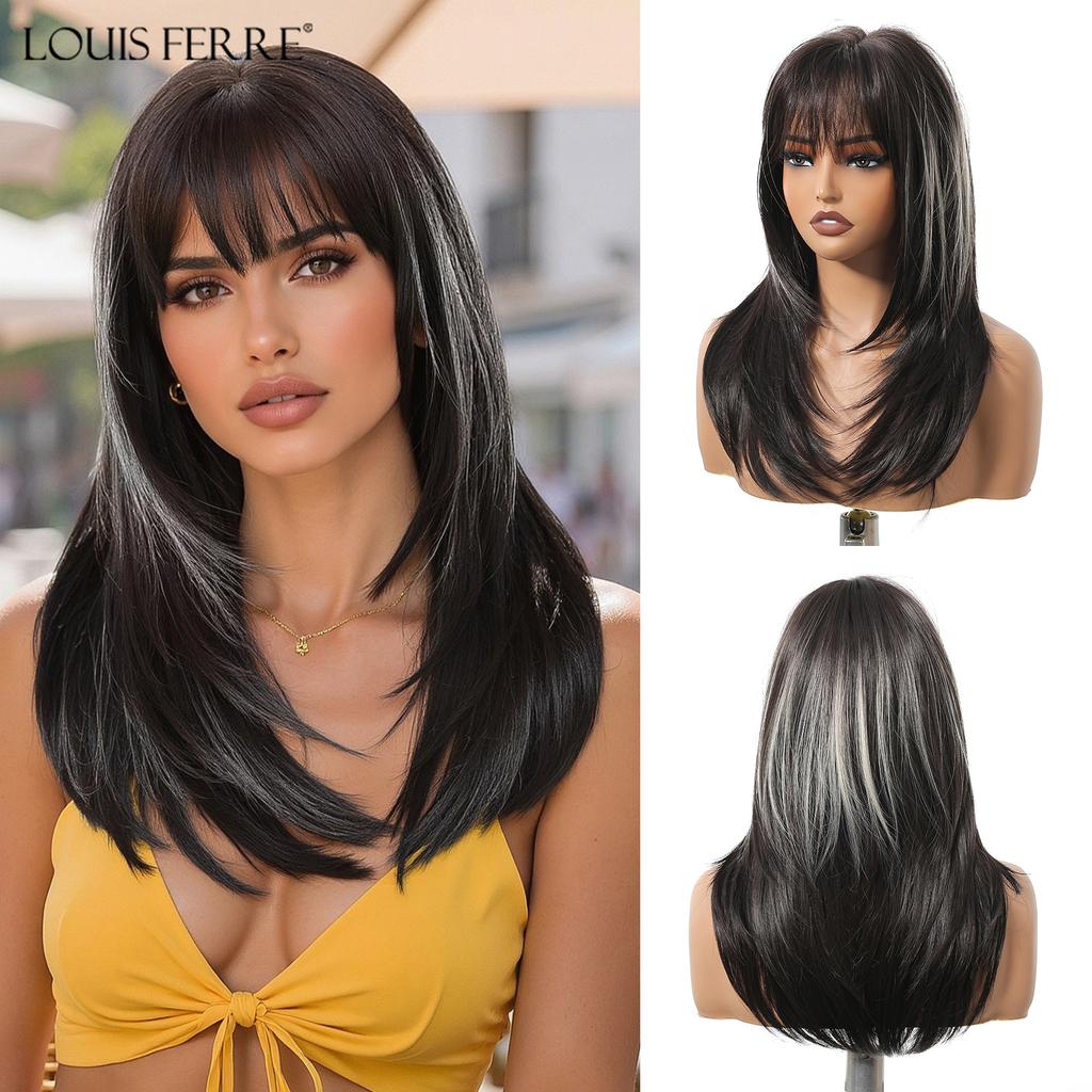 LOUIS FERRE Brown Base Blonde Highlights Medium Straight Layered Wig With Bangs Synthetic Hair Heat Resistant Women Daily Party