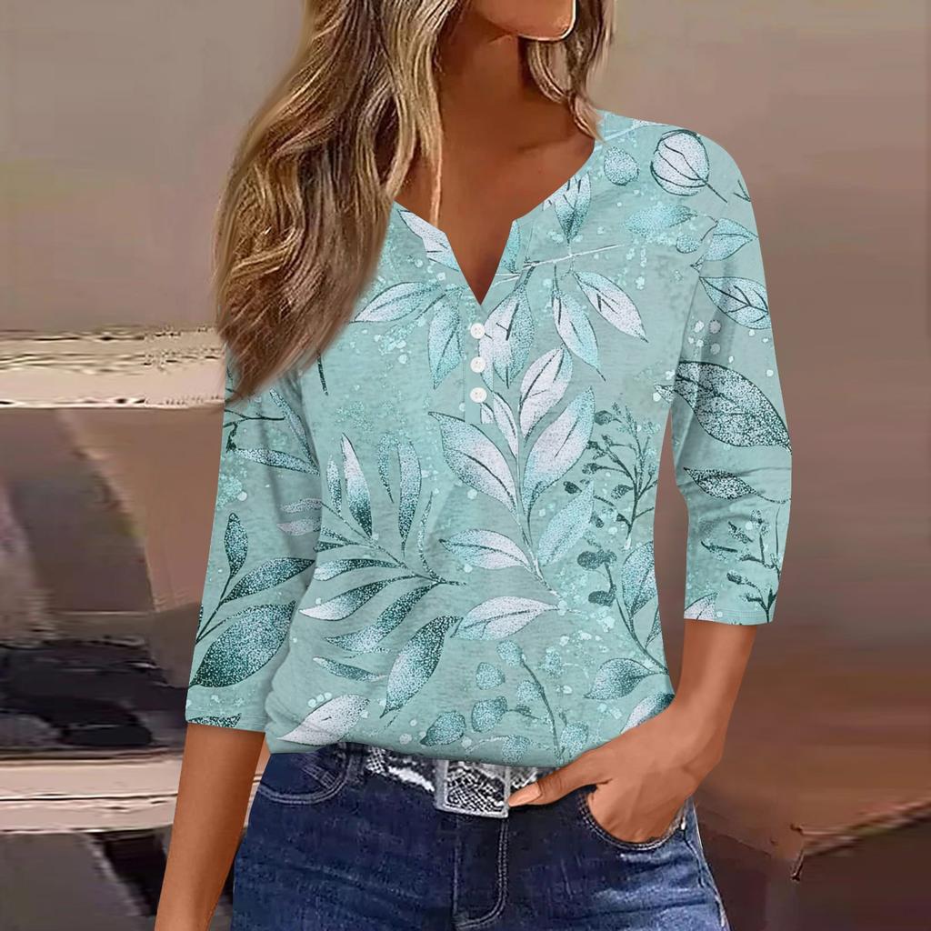 Women's T Shirt Tee Print Button  3/4 SleeveDaily Weekend Fashion Basic V- Neck Regular Top
