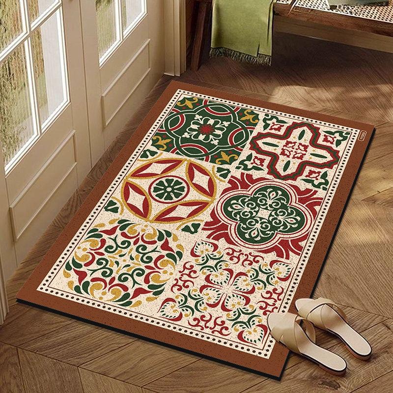 Vintage Colorful Tile Pattern Floor Mat Coil Doormat Bohemian Floral Wear Resistant Entry Mat