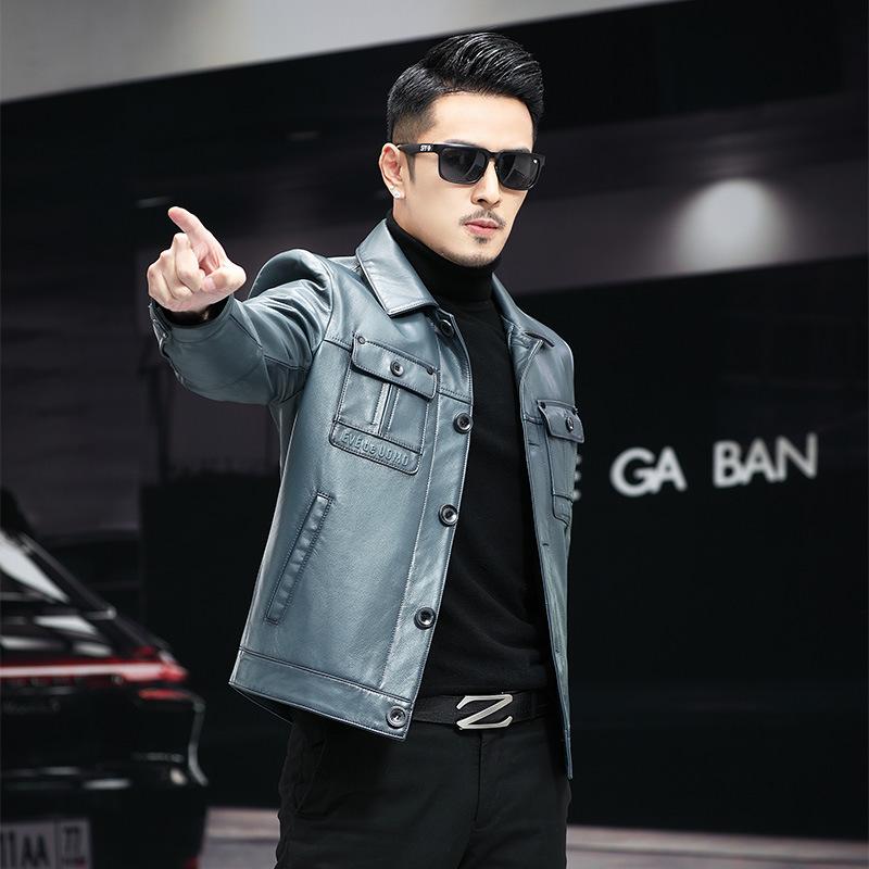 Spring and Autumn New Top Layer Calf Leather Leather Jacket Men's Lapel Leather Jacket Casual Business Jacket Men