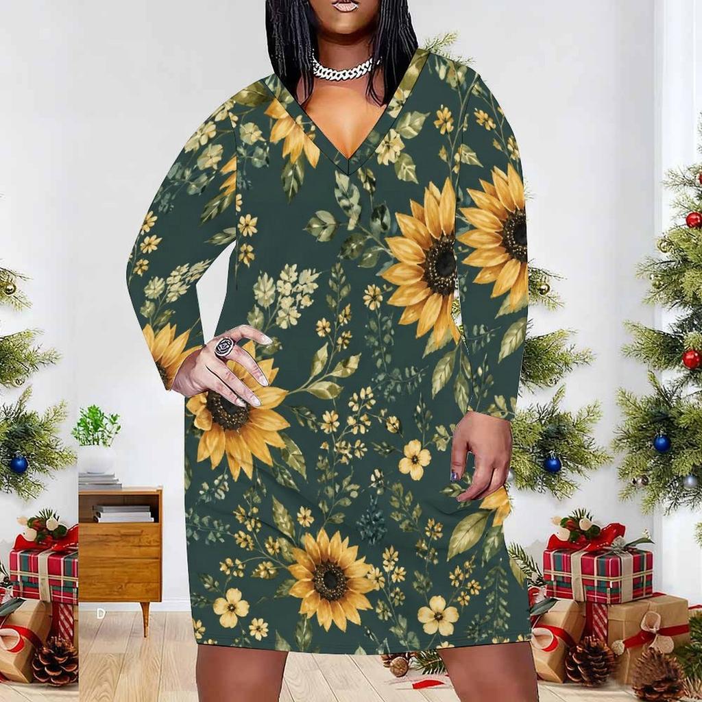 Women Plus Size Dark Green V Neck Long Sleeve Sunflower Printed Fitted Straight Dress