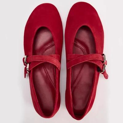 Spring  Women's Ballet Flats Retro Red Double Belt Buckle Decoration Casual High Quality Big Size Lady Mary Jane Shoes