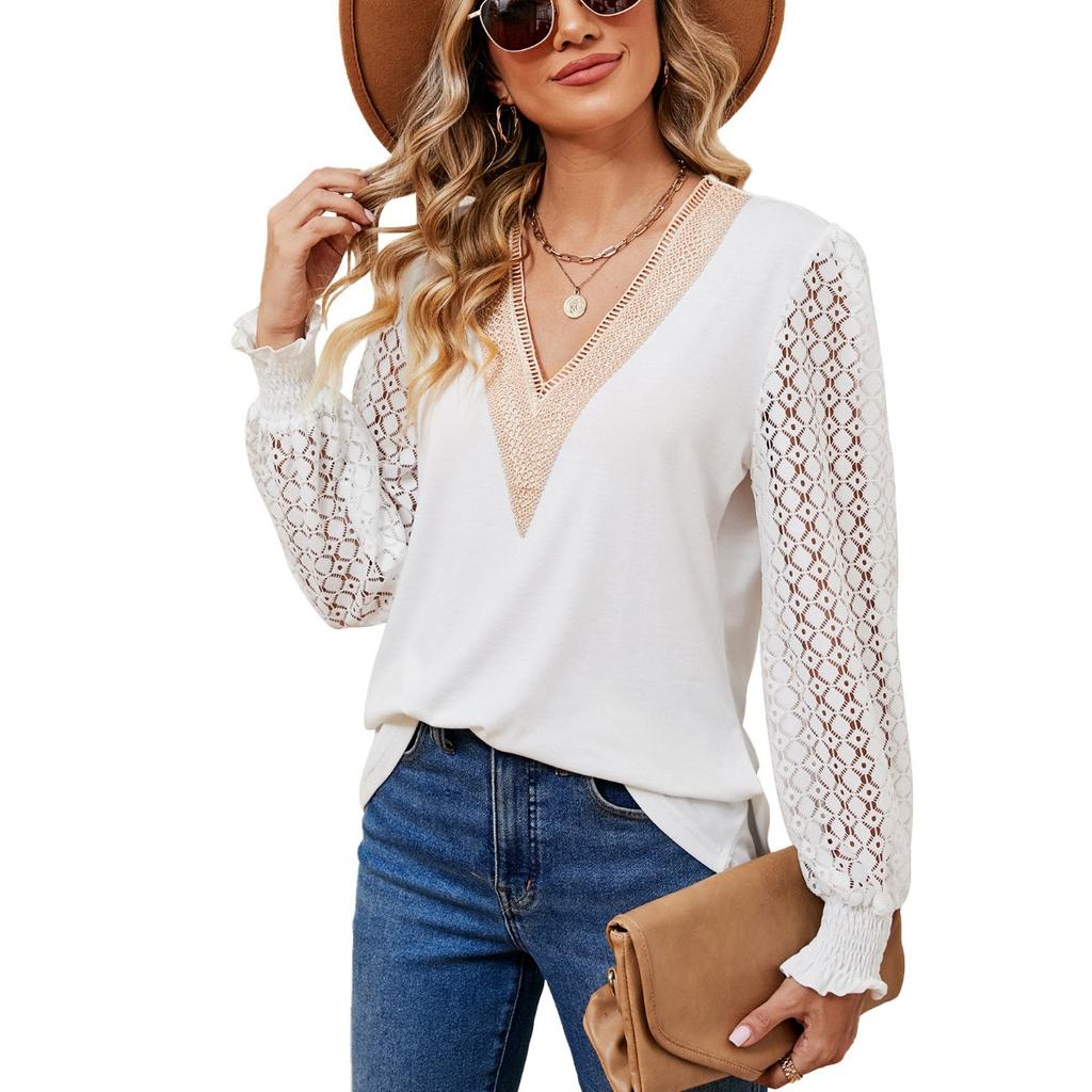 Fall Winter New Women's V-Neck Lace Splicing Loose Long Sleeve T-Shirt Top, Cross-Border Casual Tops for Women