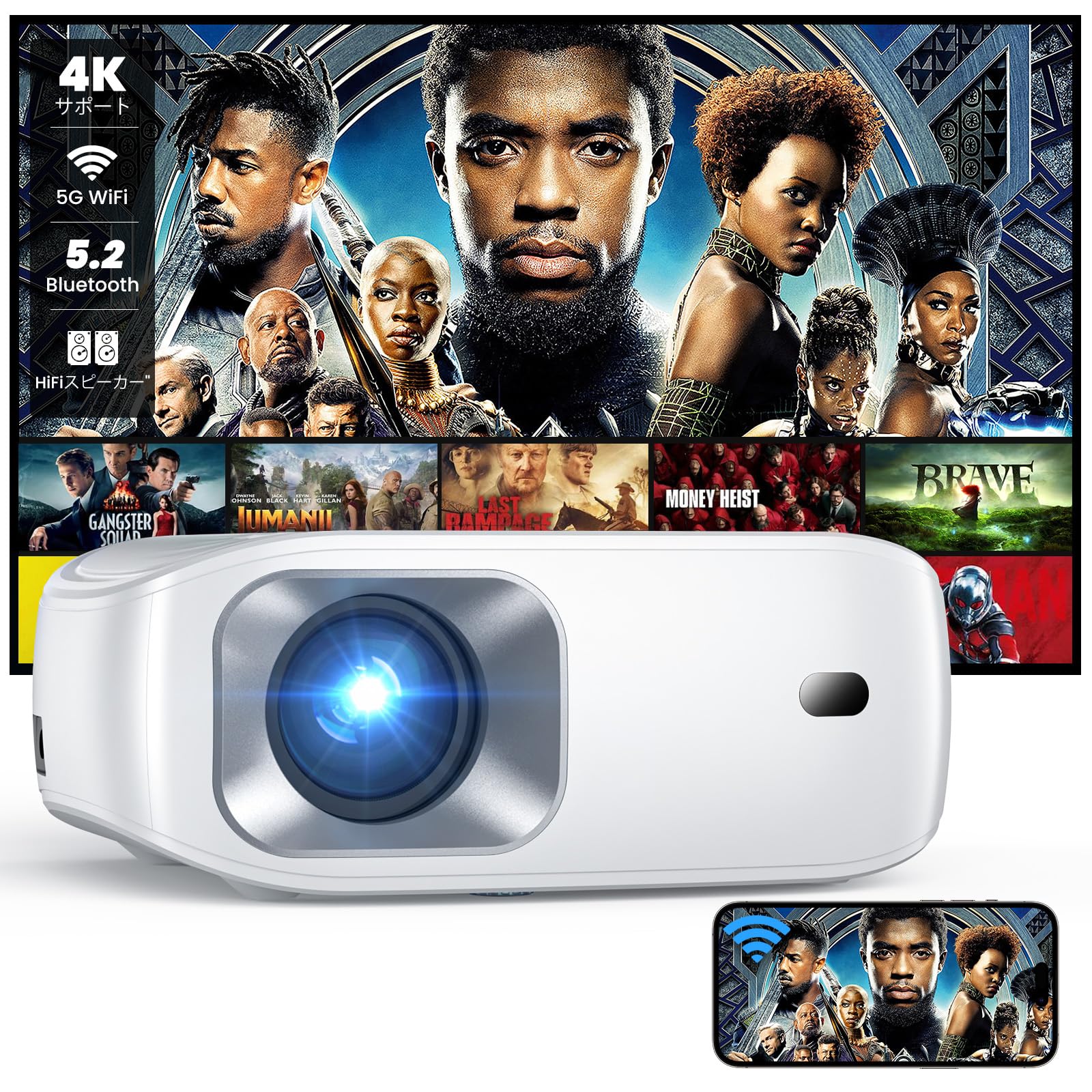 

Проектор HOMPOW Маленький 1080P Full HD Висока яскравість 12000 Люкс 5G 4K Підтримка Bluetooth 15W HIFI Динамік 200 дюймів Великий екран Функція масштабування Дім з