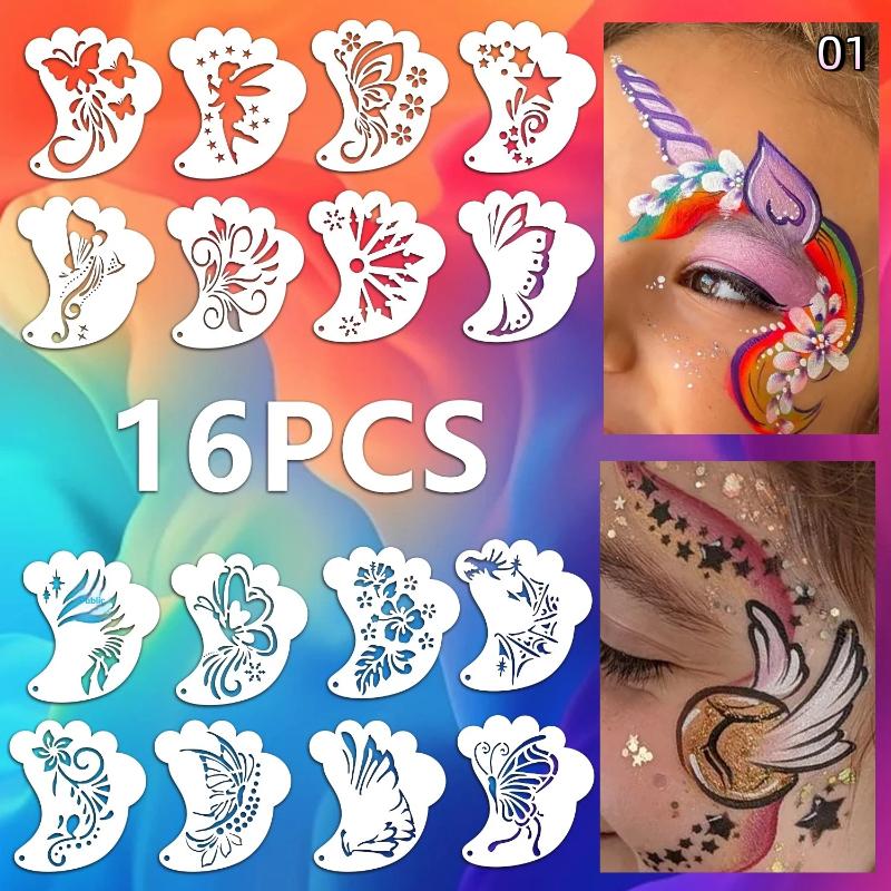 16Pcs Face Painting Tattoo Stencil Set Reusable Hollowed Body Art Paint Stencils Diy Eyebrow Templates Hand Drawn Spray Painting