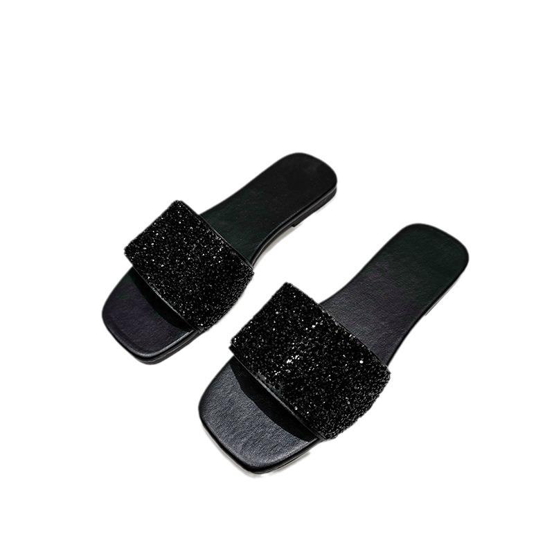 Large Size Sequined Slippers for Women To Wear New Summer European and American Fashion Rhinestone Flat Bottom Sandals for Women