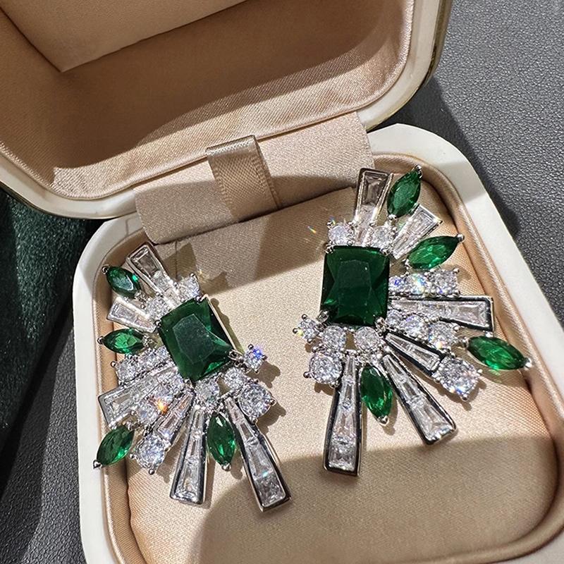 Huitan Gorgeous Geometric Design Stud Earrings with Green/White Cubic Zirconia Wedding Party Temperament Trend Zircon for Women
