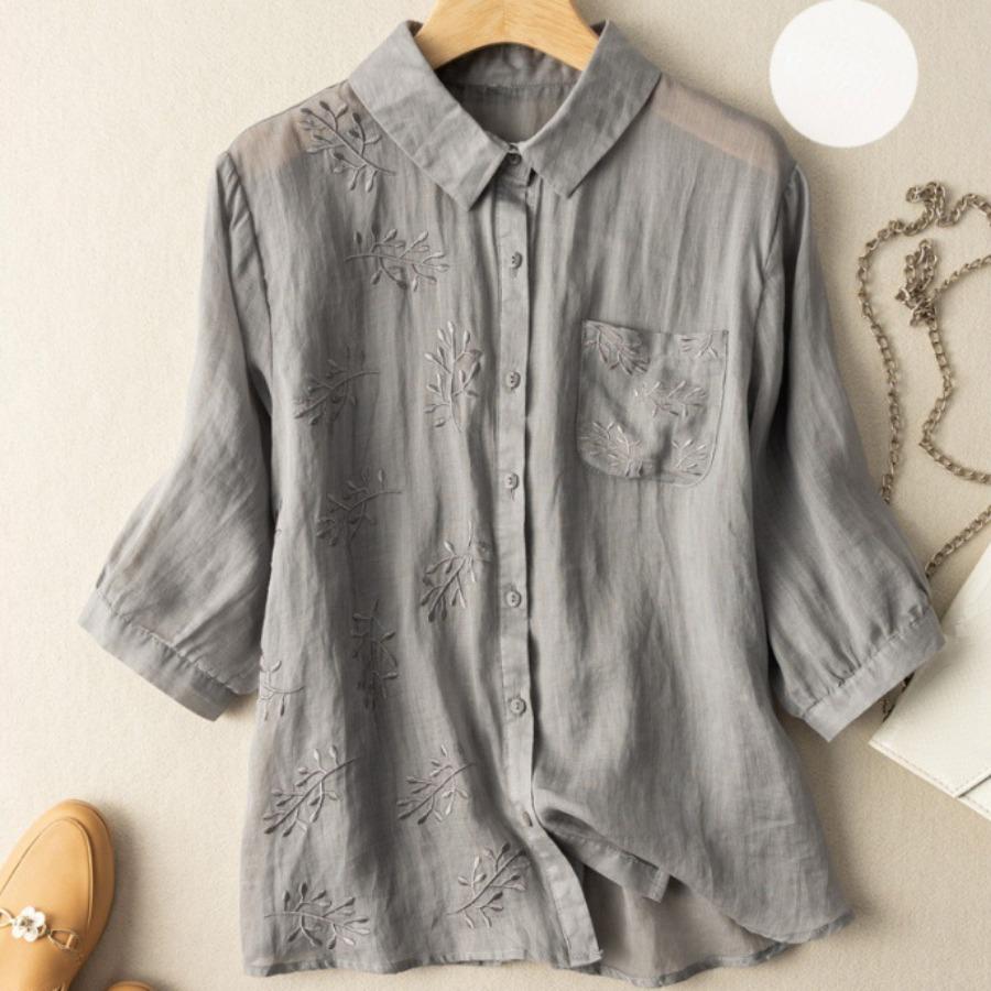 

Рубашка рами с рукавами 3/4, женская свободная повседневная тонкая блузка в стиле ретро, ​​весна/лето, хлопковые льняные рубашки, женский топ M серый