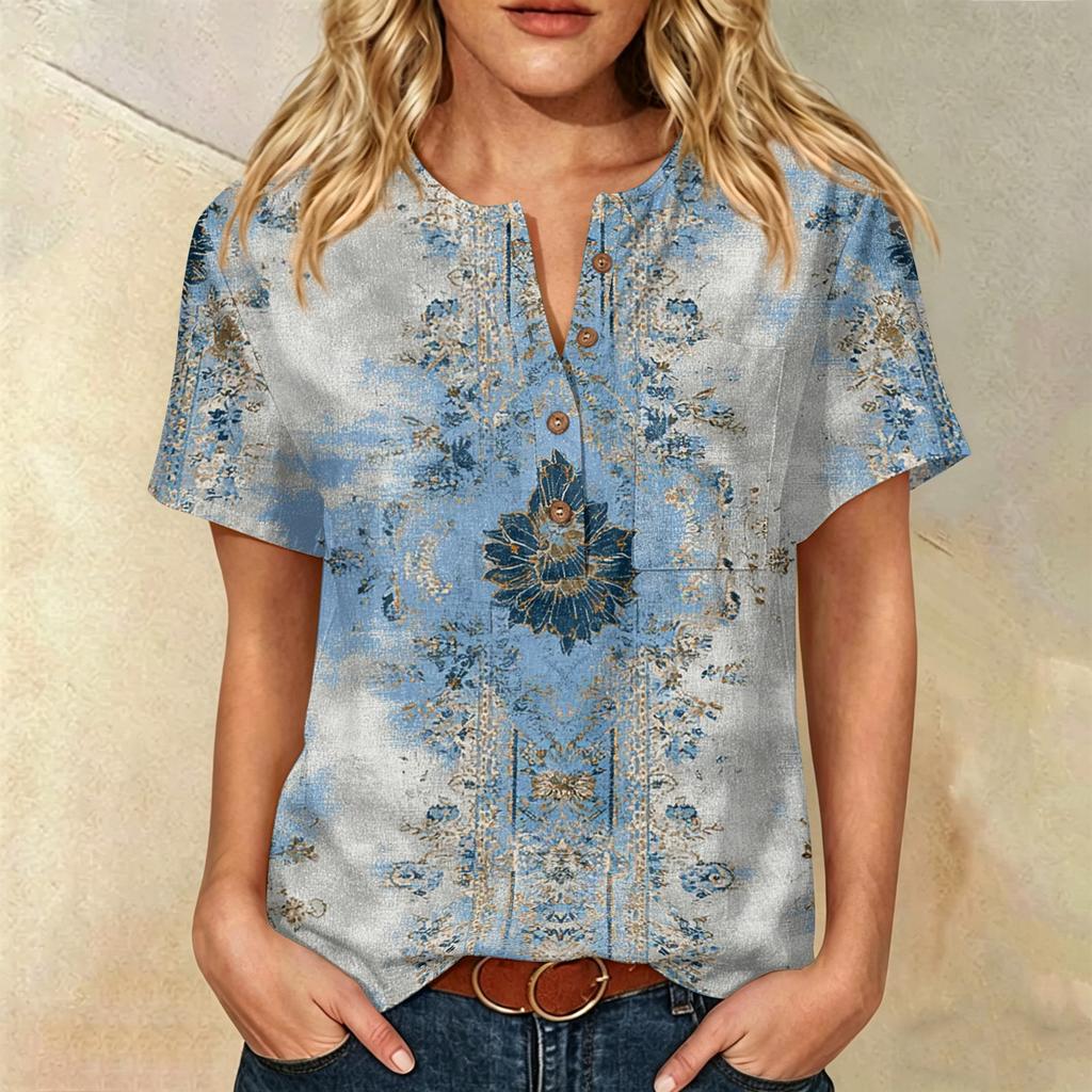 Damenmode Bedrucktes kurzärmeliges Baumwoll-Leinen-Henley-Shirt mit Knopfleiste und Brusttasche für Freizeitkleidung