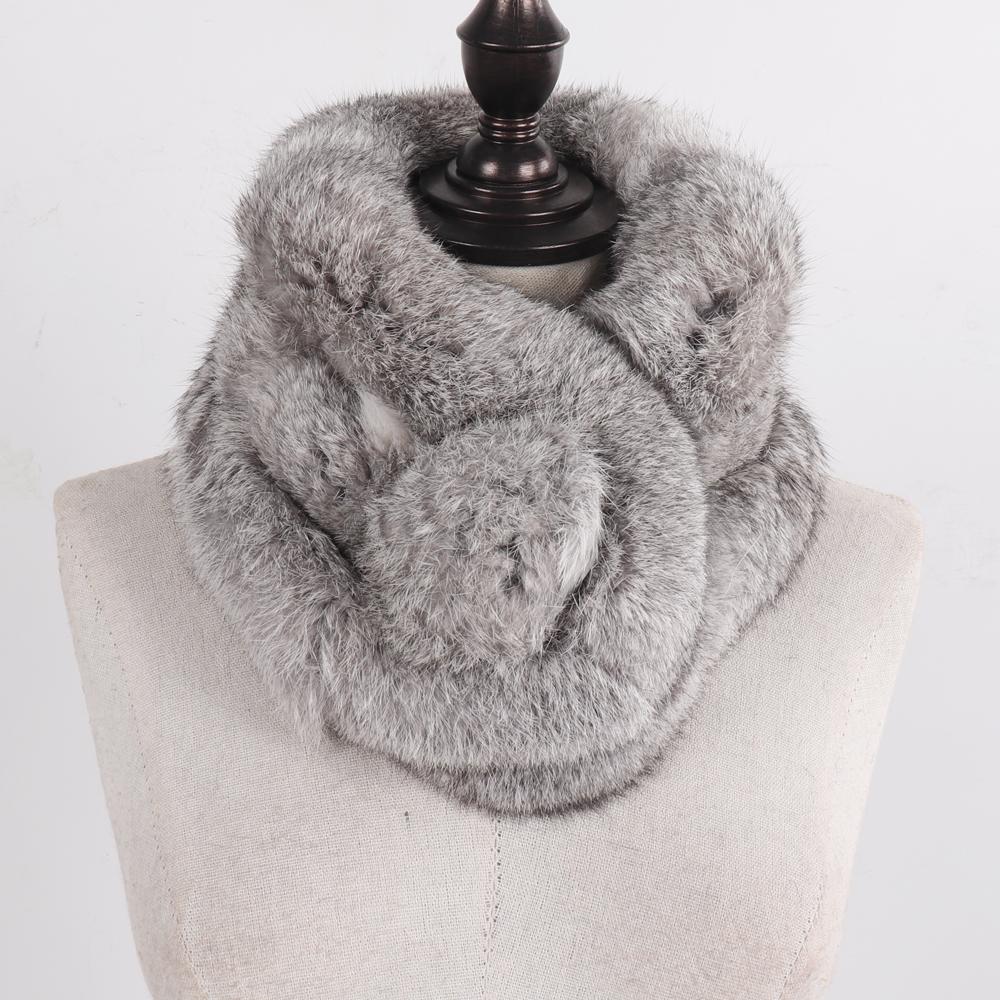 Russian Women Thick Natural Fur Scarf Winter Ladies Warm Real Rabbit Fur Muffler Knit Fluffy Pompoms Genuine Fur Scarves