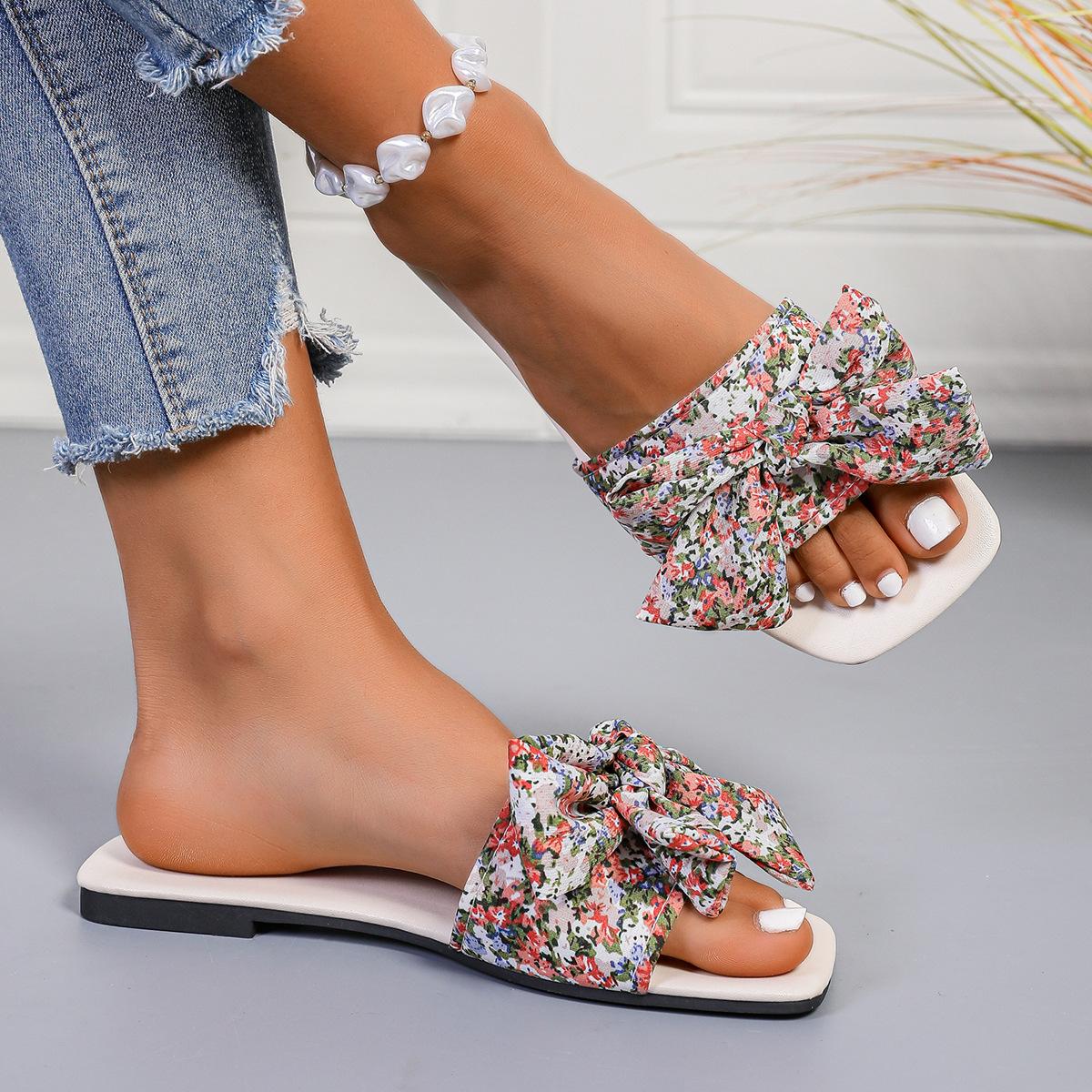 

Fashion Soft Ethnic Style Floral Slippers 2025 Women Non-Slip Bowknot Slides Sandals Beachwear Shoes Open Toe Flat Slippers Women 35 оранжевый