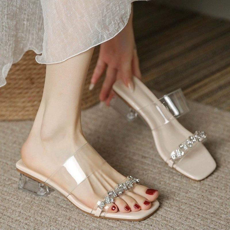 

Мода 2025 Новые туфли в китайском стиле для женщин, прозрачный блочный каблук, темпераментные сандалии, новые летние сандалии со стразами 35 абрикосовый