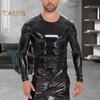 Men's Liquid Shiny Faux Leather Top Metallic Wet Look Long Sleeve Tee Zipper Shoulder Slim Fit Shirt Hip Hop Nightclub Party Blouse