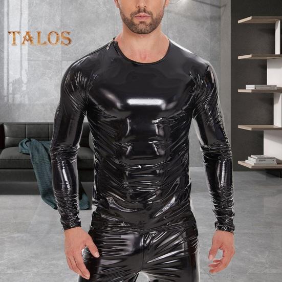 Men's Liquid Shiny Faux Leather Top Metallic Wet Look Long Sleeve Tee Zipper Shoulder Slim Fit Shirt Hip Hop Nightclub Party Blouse