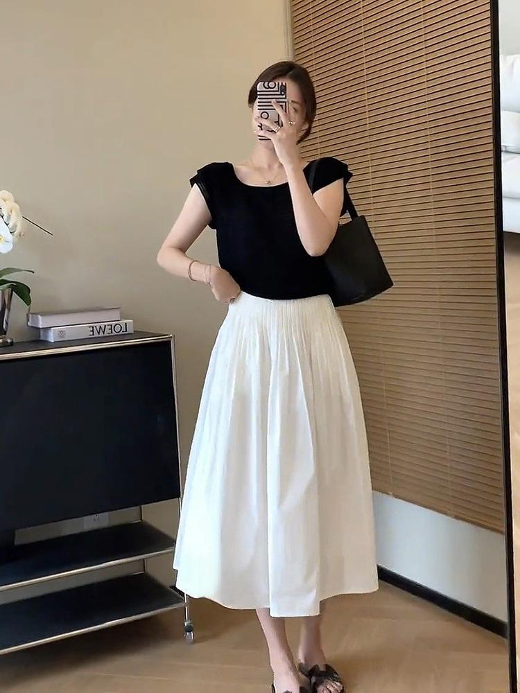 White A-line Pleated High-Waisted Umbrella Skirt - Women's 2025 Summer Mid-Length Flare Design