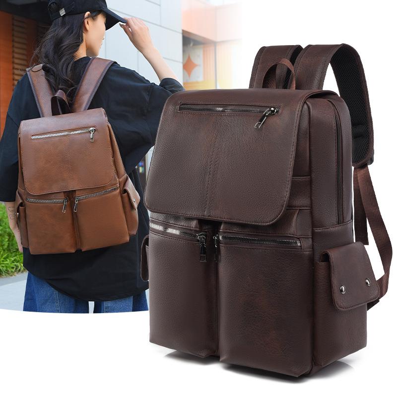 Retro casual backpack large capacity PU soft leather texture student schoolbag trendy cool versatile travel computer bag