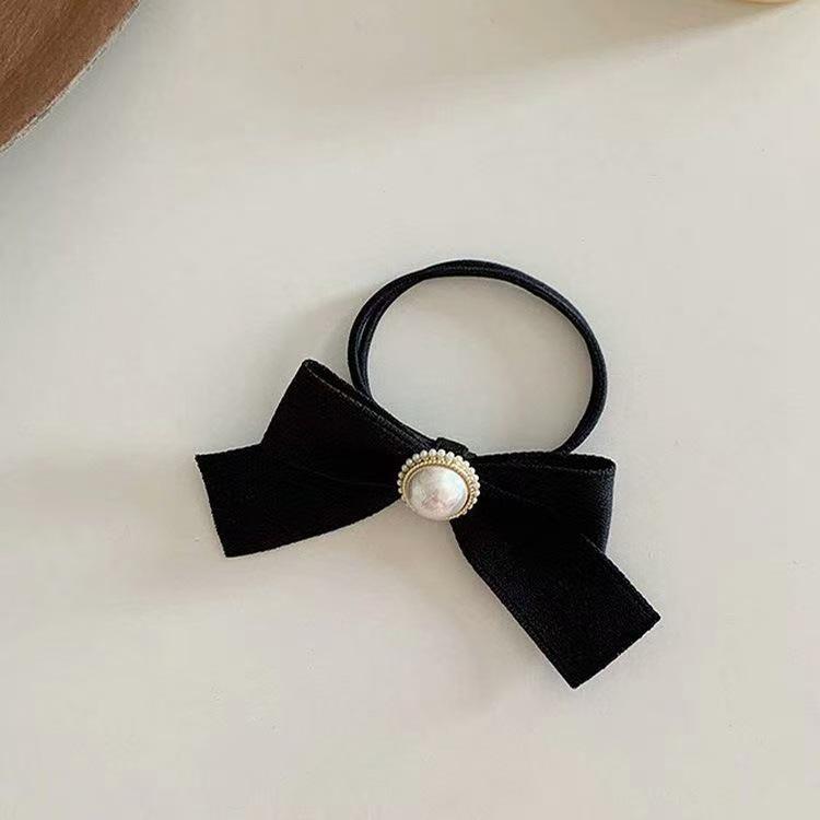 Pearl Bow Elastic Hair Tie - Black, Korean Style, Versatile Simple Accessory