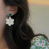 Luxury White Flower Charm Square Metal Green Epoxy Drop Earrings for Women Bohemia Romantic Camellia Flower Dangle Earrings