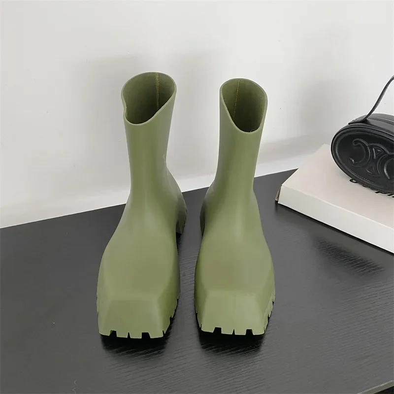 Luxury Women Boots Designer Boots Waterproof Non-slip Short Boot Square Toe Soft Leather Comfy Women Platform Rain Boots