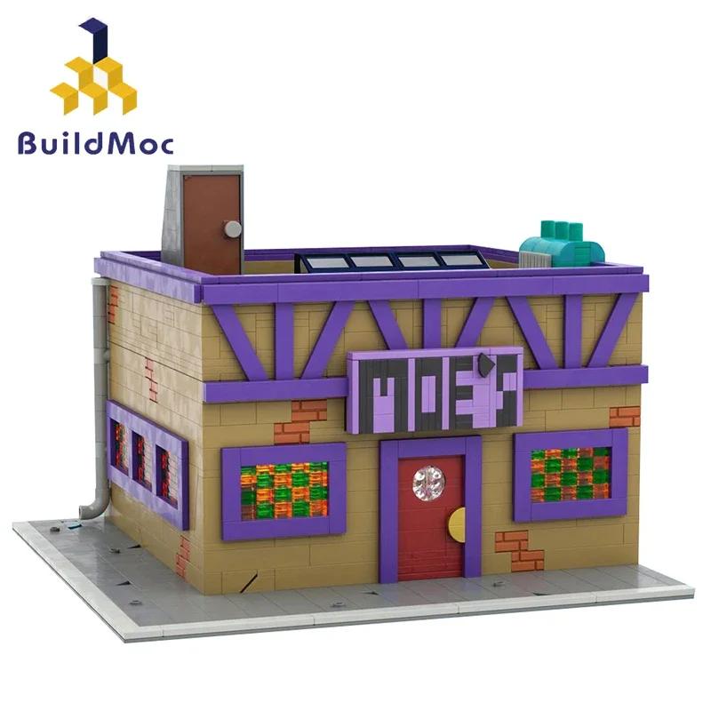 MOC Modulare Kit di Costruzione Taverna di Moe dal Film Simpson, Modello di Architettura Stradale Medievale Giocattoli Regali per Adulti