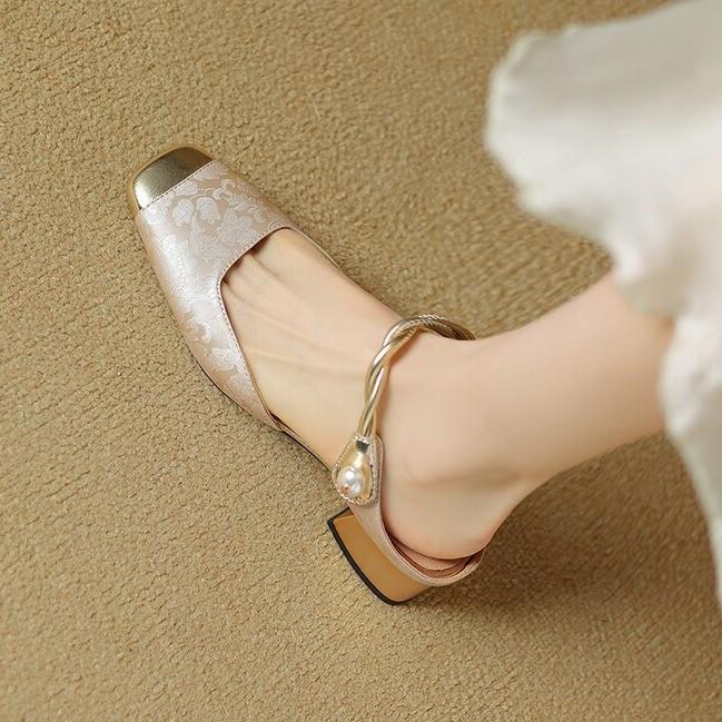 

Mary Jane Slippers Women S Print Satin Bag Head Dress Wear High Heels Slippers 34