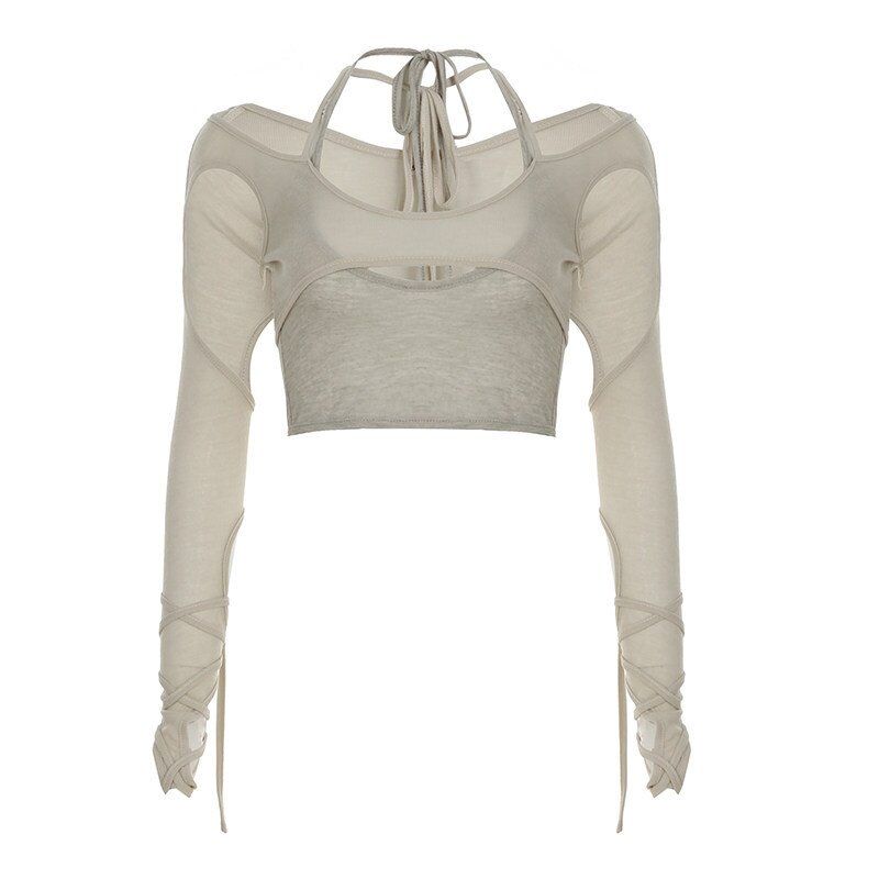 Purely Sexy T-Shirt Design with Hollow-Out Long Sleeves, Dance-Style Top with a Split Design, Fake Two-Piece Dance Structure-Style Jazz Top