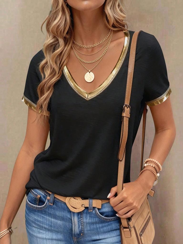 Women Casual V-Neck Contrast Color Block Short Sleeve T-Shirt