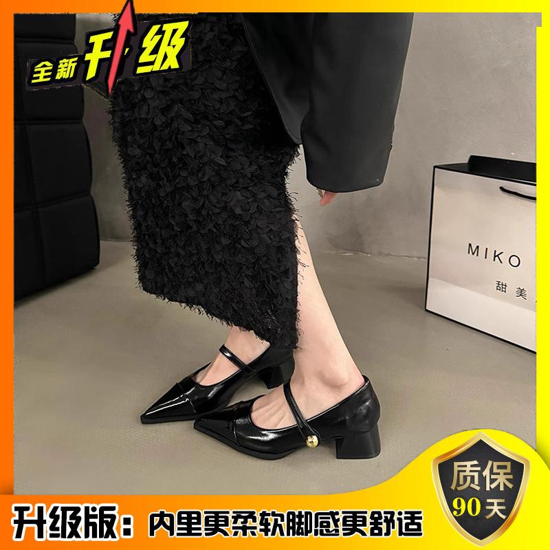 

Остроносые маленькие кожаные туфли женские 2025 новая весна толстый каблук низкий каблук высокий каблук ретро французский темперамент Мэри Джейн туфли-лодочки 35 чёрный