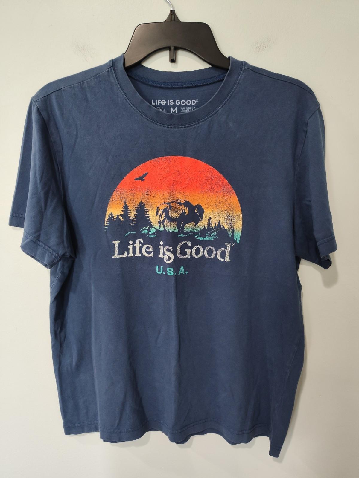 Life Is Good USA Bison Buffalo Sunset Graphic T-Shirt Blue Medium M Cotton Unisex T-Shirt S