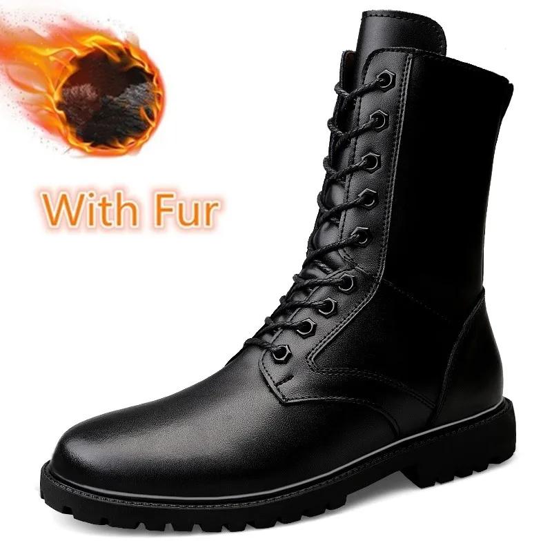 Fashion New Men Leather Shoes Genuine Winter Long Men Boots Casual Punk Motorcycle Boots Side Zipper Black Solid Boots
