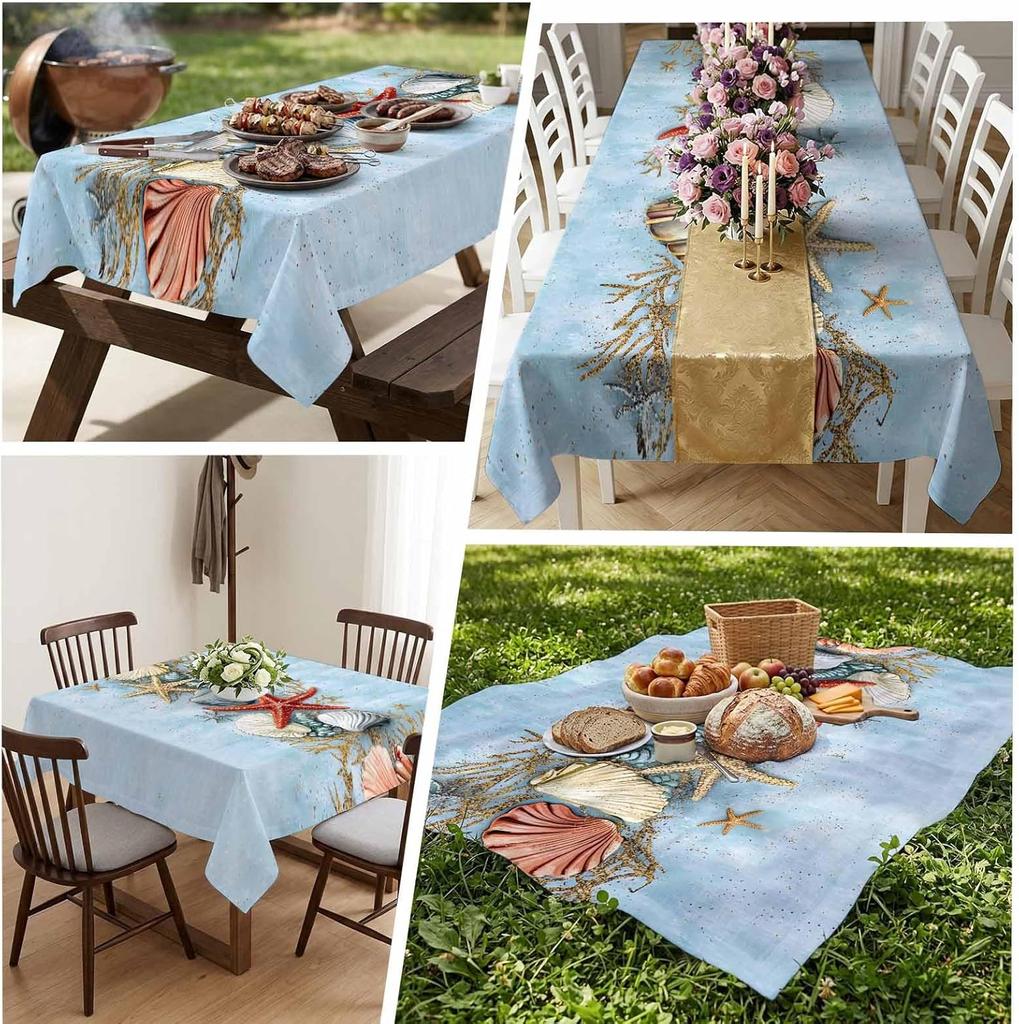 Ocean Starfish Shell Conch Rectangle Tablecloth for Table Decor Blue Gradient Ocean Print Kitchen Dining Table Cloth Party Decor