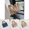 Stylish Blue Pink Beige Rainbow Striped Canvas Tote Bag With Embroidery For Daily Use