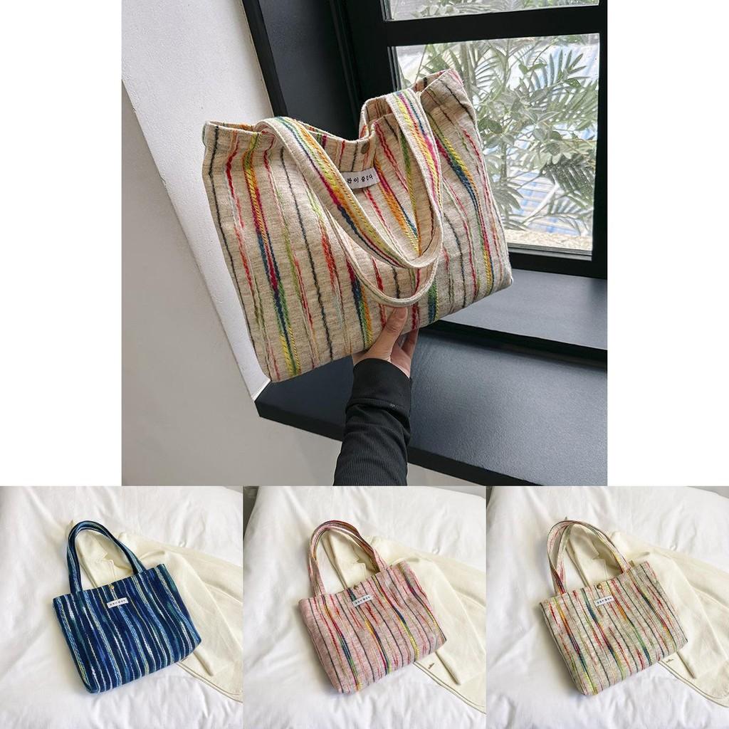 Stylish Blue Pink Beige Rainbow Striped Canvas Tote Bag With Embroidery For Daily Use
